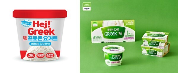 동원F&B ‘덴마크 하이 그릭 프로즌 요거트’(왼쪽)와 풀무원다논의 ‘풀무원요거트 그릭’ / 사진 각 사