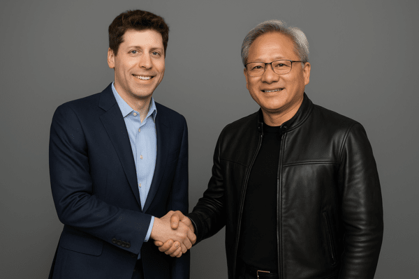 샘 올트만 오픈AI CEO(왼쪽)와 젠슨 황 엔비디아 대표가 손을 잡고 있는 모습을 가상으로 만들었다. / 사진 챗GPT로 생성