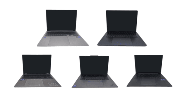 한국소비자원의 노트북 성능 테스트에 사용된 제품 모습. 왼쪽 위부터 시계방향으로 삼성전자, 애플, LG전자, 레노보, ASUS 제품. / 사진 한국소비자원