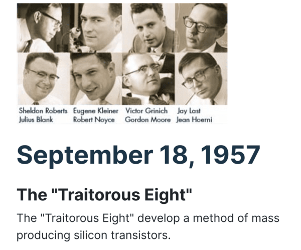 1957년 쇼클리 반도체 소속 8명의 엔지니어가 독립하는 일이 있었다. 이들이 설립한 회사는 2016년 온 세미컨덕터에 인수된 페어차일드다. 사진에는 페어차일드 창업 8명의 명단이 담겼다. / 사진 온 세미컨덕터 홈페이지 갈무리