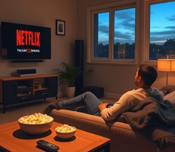 AI로 만든 거실 소파에 앉아 넷플릭스를 시청하는 모습 / 사진 뤼튼으로 생성