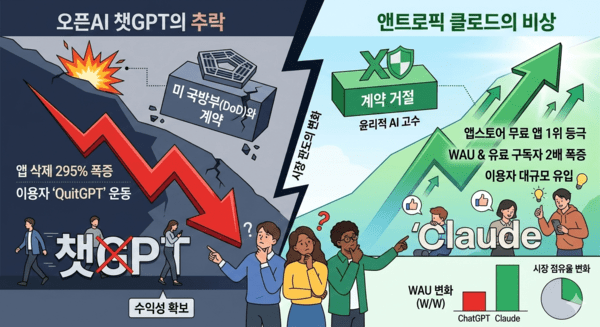 미 국방부와의 계약이 AI 엑소더스로 이어진다. 계약을 체결한 챗GPT는 추락한 반면, 계약 종료를 선언한 클로드가 비상했다. / 사진 제미나이로 생성