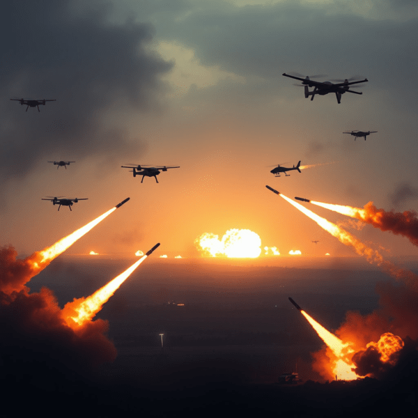 이스라엘과 이란 간 전쟁을 형상화한 이미지. 미사일과 공격론 드론 등이 비행하는 모습이다. / 사진 뤼튼에서 생성