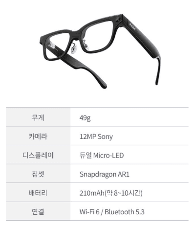 로키드 AI 안경 주요 사양을 나타내는 표 / 사진 로키드 홈페이지 갈무리