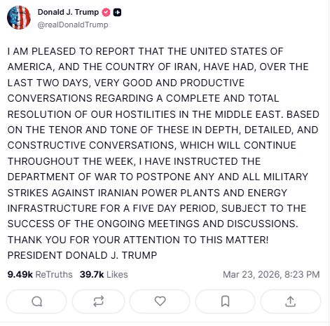 도널드 트럼프 미 대통령이 자신이 운영하는 SNS 트루스소셜에 올린 글. 그는 5일간 공격을 유예한다고 밝혔다. / 사진 트루스소셜 갈무리