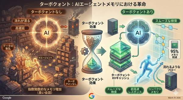 グーグルのTurboQuant技術を視覚的に説明したインフォグラフィック/写真 ジェミナイ生成