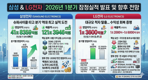 삼성전자와 LG전자가 7일 발표할 예정인 2026년 1분기 잠정 실적 발표 전망과 향후 전망에 대해 소개하는 인포그래픽 / 사진 제미나이로 생성