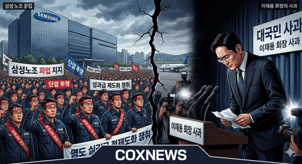 이재용 삼성 회장이 사과하는 모습을 가상으로 만든 이미지 / 사진 콕스뉴스가 제미나이로 생성