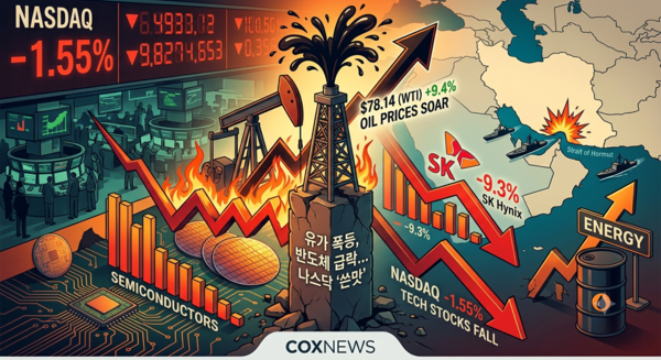 뉴욕증시 3대 지수가 트럼프의 호르무즈 해협 재봉쇄 여파와 반도체주 하락 영향으로 일제히 내렸다. / 사진 콕스뉴스가 제미나이(AI)로 생성