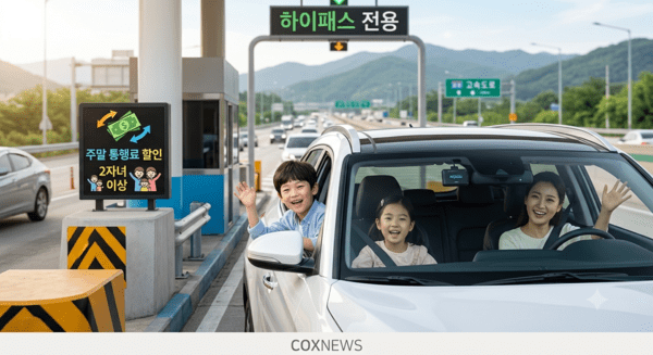 정부가 2인 이상 자녀를 둔 다자녀 가정의 주말 고속도로 통행료를 10~20% 깍아준다. / 사진 콕스뉴스가 제미나이(AI)로 생성